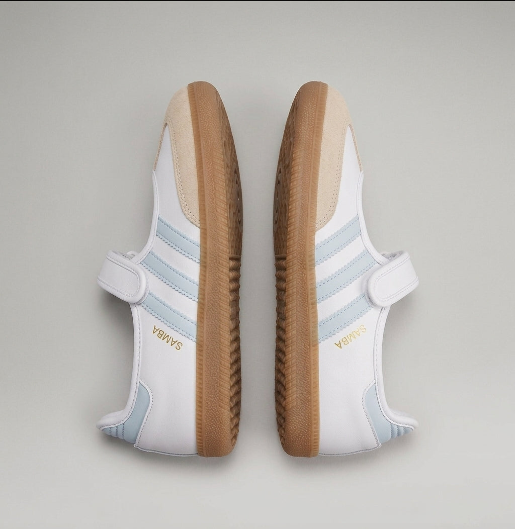 Zapatillas Urbanas Estilo Samba Mary Jane – Blanco / Celeste Pastel