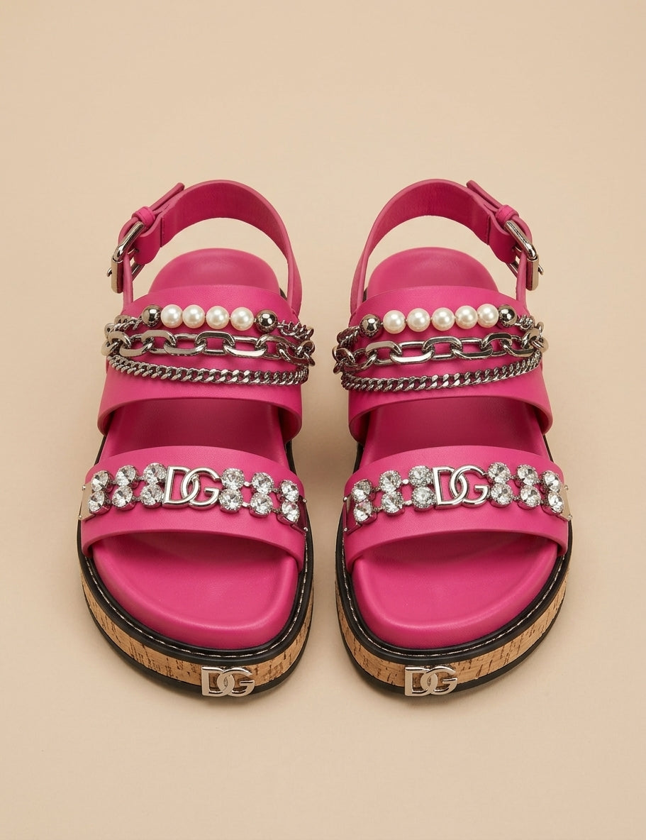 Sandalias de Lujo Fuchsia con Cadenas, Perlas y Cristales