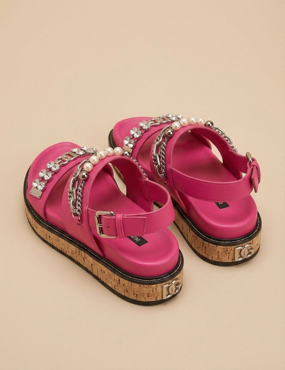 Sandalias de Plataforma de Cuero Rosado con Adornos Joy