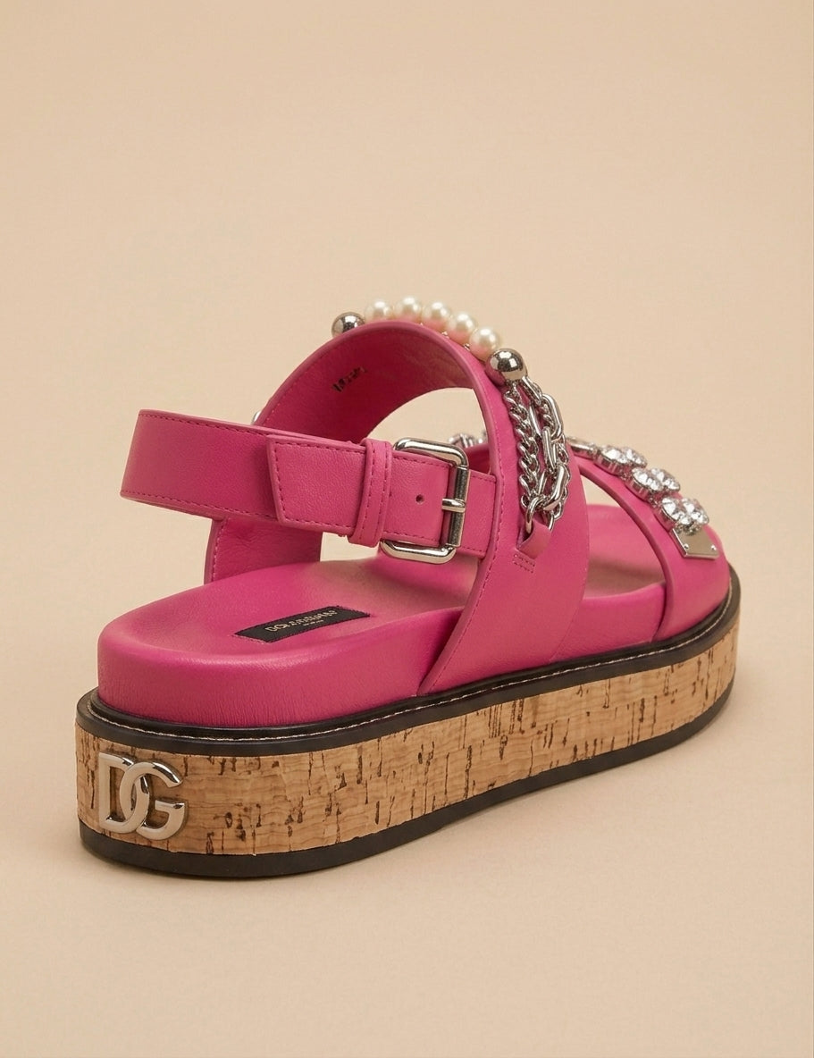 Sandalias de Plataforma de Cuero Rosado con Adornos Joy